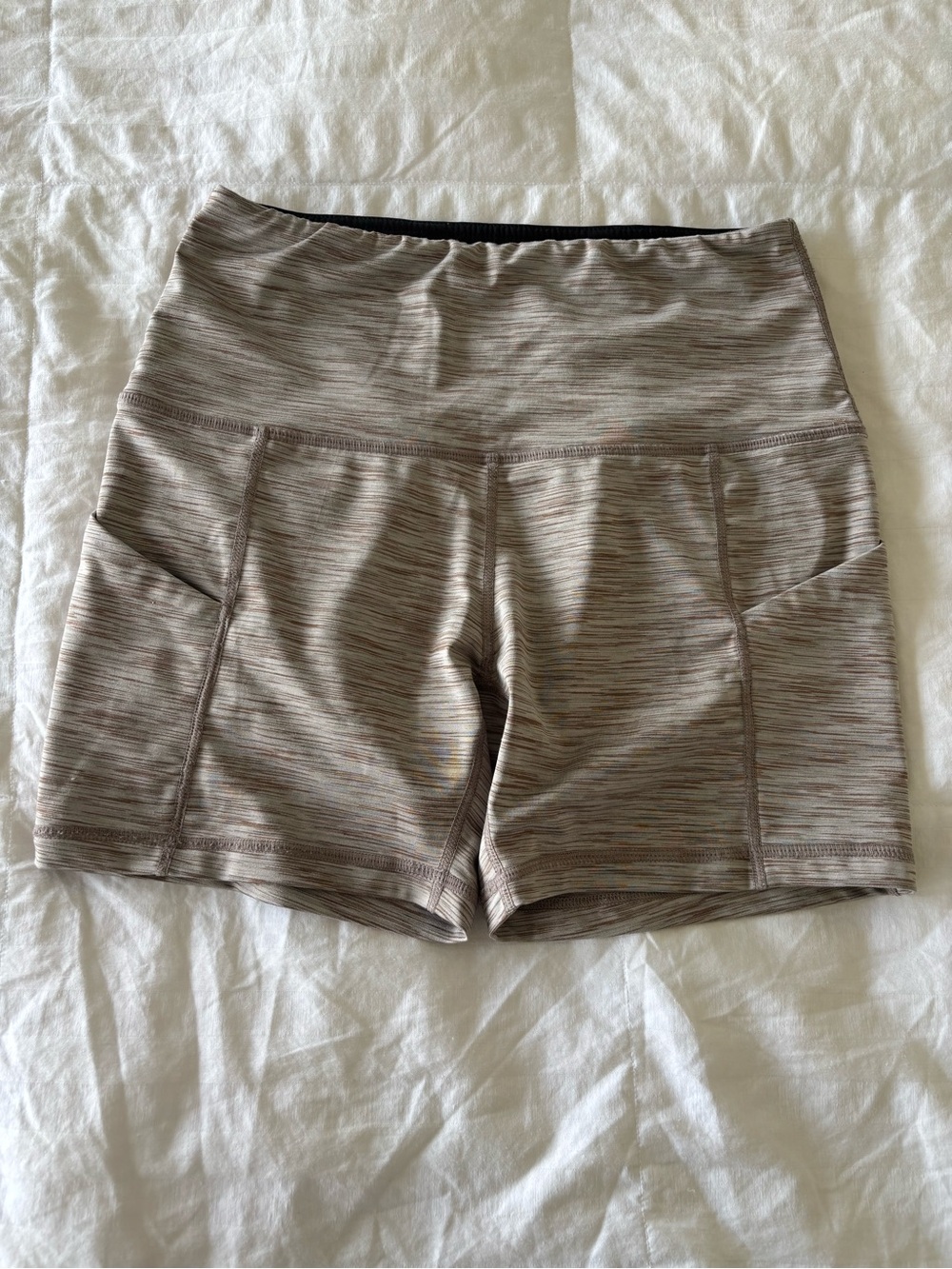 ODODOS Women's Small High Waisted Workout Shorts Heathered Brown-Beige space-dye